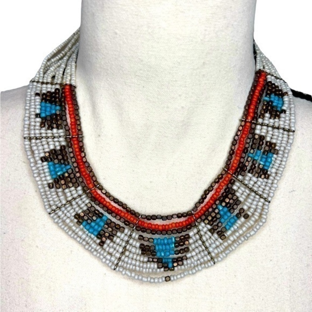 Bib Beaded Necklace Blue Turquoise Gold Brass Tone